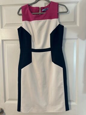 ANTONIO MELANI Fuchsia, White & Black Colorblock Midi Sheath Dress
